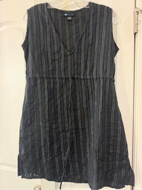 Relativity Black Striped V-Neck Linen Dress